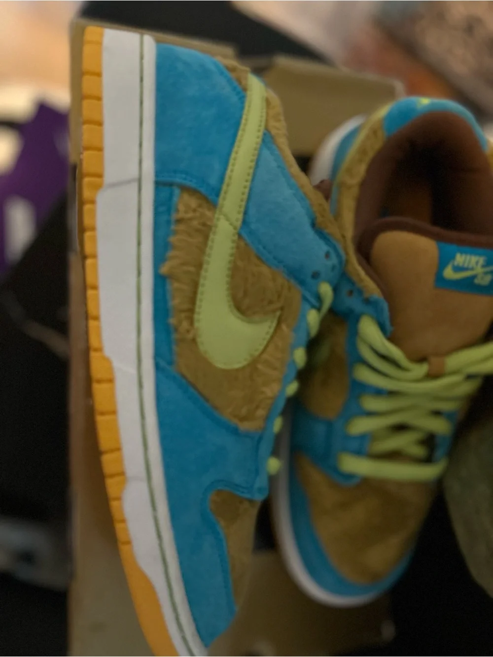 Nike Blue and Brown Furry Low-Top Sneakers with Yellow Sole